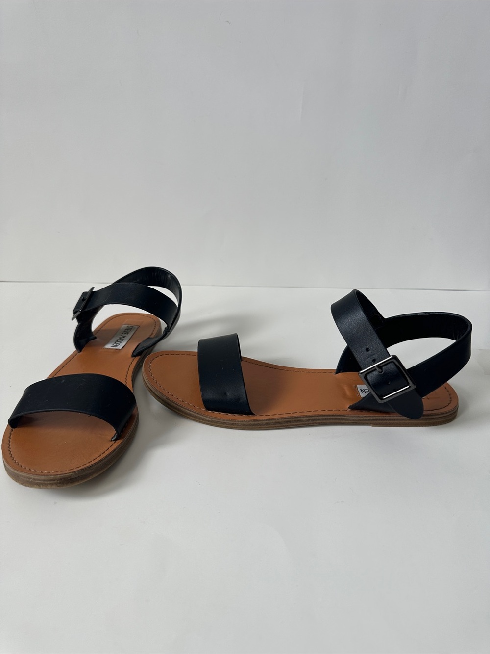 Steve Madden Black Leather Two-Strap Ankle Buckle Sandals